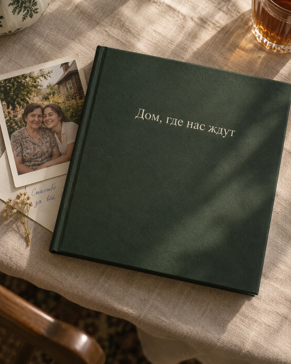 Эскиз книги «Дом, где нас ждут»: зелёный переплёт, семейная фотография и записка на льняной скатерти