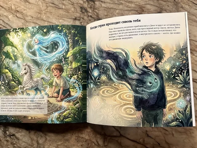 Разворот напечатанной книги Димы с единорогом