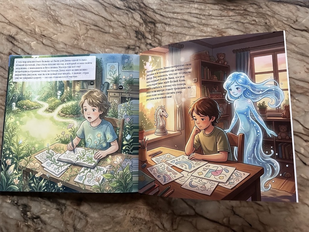 Разворот «Дима и сад неизвестных фигур» — сцена в саду