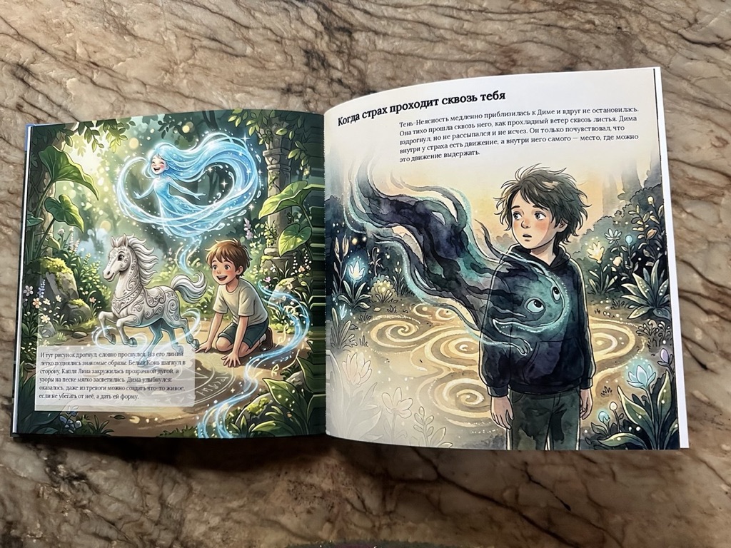 Разворот «Дима и сад неизвестных фигур» — сцена с единорогом